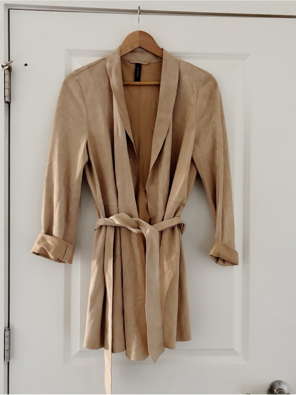 Marc Cain Open Front Belted Draped Leather Suede Jacket Neutral Minimalist